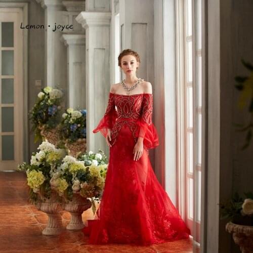 Lemon joyce New Style Evening Dresses with Half Sleeves Sexy Backless Beading Appliques Mermaid Prom Gowns for Women