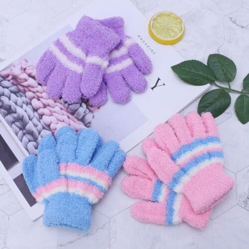 1 Pair Baby Gloves Warm Winter Full Finger Thermal Coral Fleece Kids Boys Girls Colorful Stripe Soft Elastic Solid