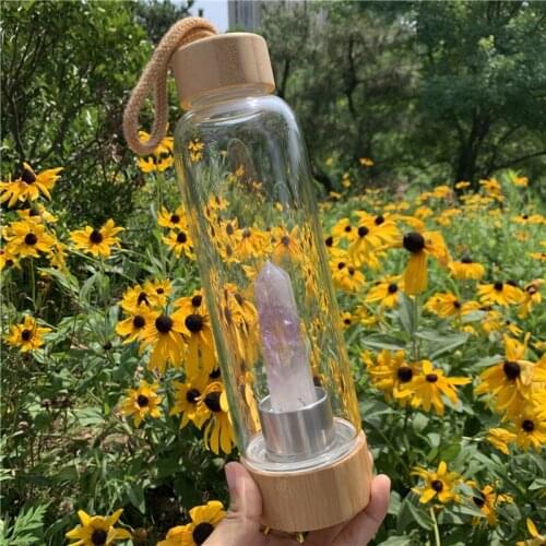 550ml natural amethyst quartz point healing crystal energy elixir drink water bottle glass cup gift with bamboo cover