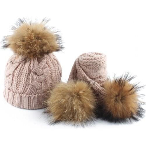 Kids Winter Hat Children Real Fur Pompom Hat And Scarf Fleece Inside Twist Pattern Knitted Hats Baby Cotton Skullies Beanies