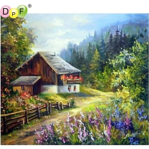 DPF Diamond Embroidery Forest Thatched House Diamond Painting Cross Stitch Needle Diamond Mosaic Full Square Rhinestone Home Dec