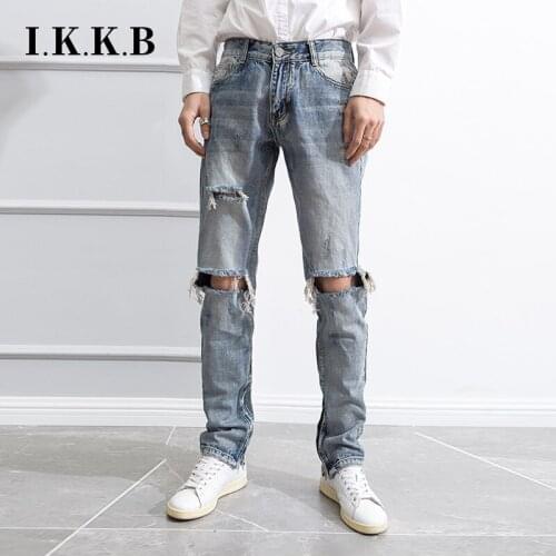 Leg with zipper knee big hole jeans hip hop fashion mens high street style versatile pants beggar pants