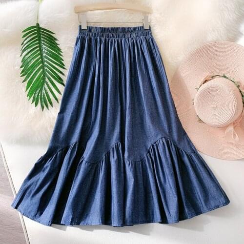Imitation Denim Long Skirt Womens 2021 Summer New Lotus Leaf Stitching Pleated Slim Slim Fishtail Skirt
