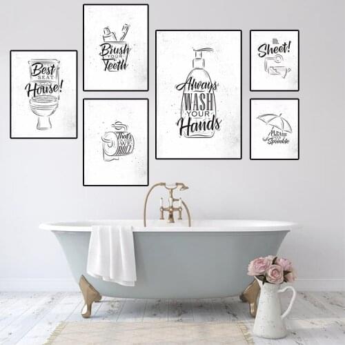 Canvas Painting Brush Teeth Wash Hands Toilet Quote Bathroom Decor Wall Art Posters Print Black White Picture Home Decooration