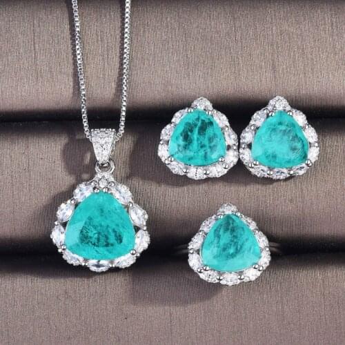 Fine Jewelry Set Luxury Blue Cubic Zircon Triangle Pendant Necklace Ring Womens Bride Wedding Party Unusual Piercing Earrings