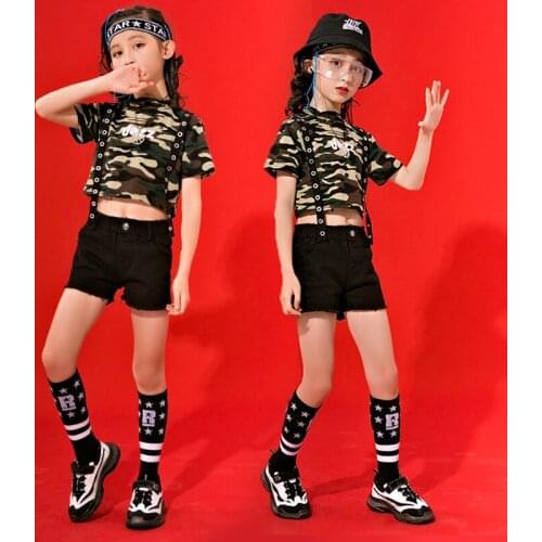 Girls Hip-Hop Suit Jazz Dance Costume ChildrenS Camouflage Tops Shorts For Kids Street Dance Fashion Catwalk Clothes DWY4286