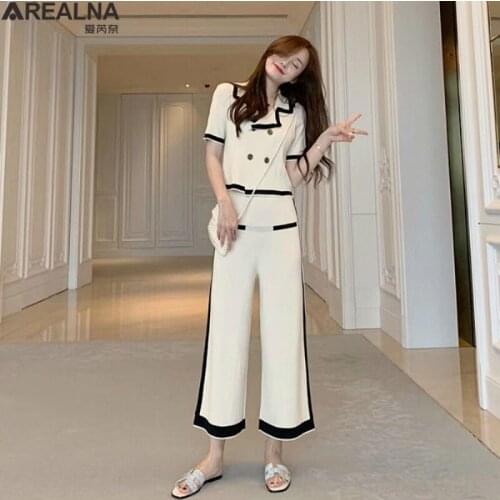 Summer Womens Sets new Turn Down Collar Short Sleeve Double-breasted Knitted Cardigan Top + Wide Leg Pants Suits Two Pieces Set