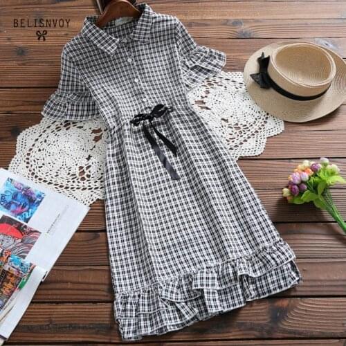 Preppy Style Sweet Summer Dresses Women Short Sleeve Black Pink Plaid Vintage Elegant Shirt Dress Ruffles Femininos Vestidos