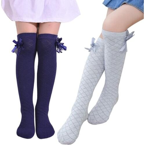 Girls Socks Knee High Bowknot Plaid Style Children Kids Causal Elastic Socks Solid Colors for 3-12 Years Girls knee high sock