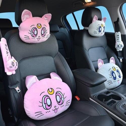 New Cartoon Headrest Pillow Cute Car Luna Cat Head Plush Neck Pillow Car Seat Headrest Cushion Kawaii Car Accessories for Girls