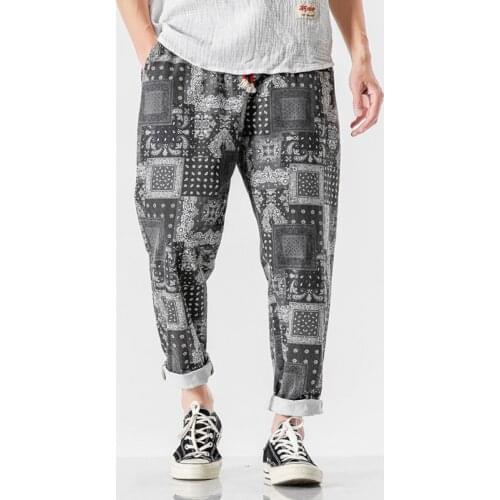 New Chinese Style Cotton Linen Loose Feet Pants Large Size Fashion Mens Harem Pants Elastic Waist Pants Plus Size Y2843