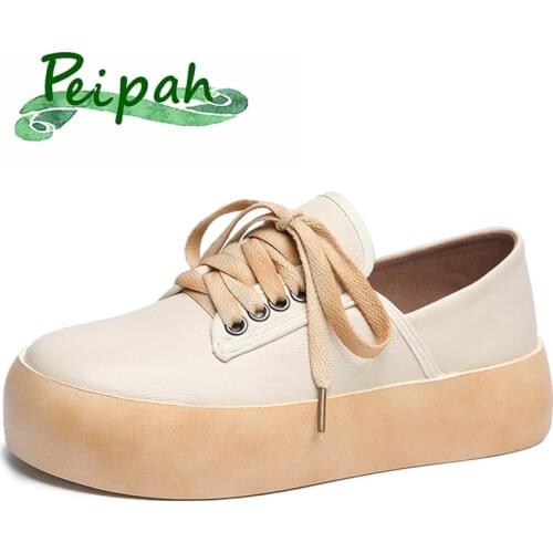 PEIPAH Genuine Leather Wedges Flat Platform Shoes for Women Lace Up Goth Flats Ladies Solid Sneakers Female Harajuku Shoes
