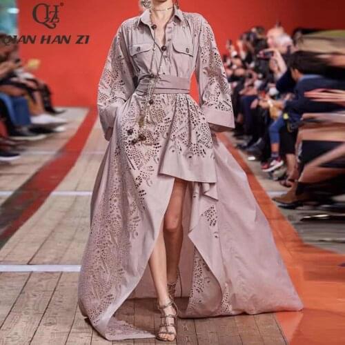 Qian Han Zi plus size dress fashion Embroidery elegant Long Dress Women Flared Sleeve Cotton Hollow High Split Runway maxi dress