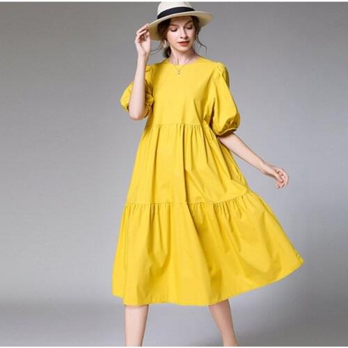 Korean Girl Sweet Dress 2020 Summer Women loose casual Long cotton linen Dress Short Sleeve Pleated Vestidos plus size 5XL 6XL