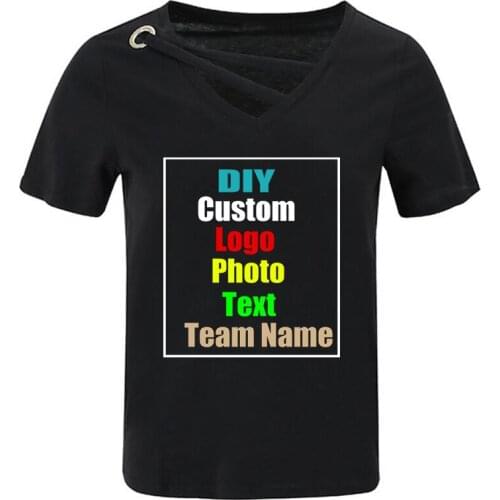 Customized picture LOGO solid color stitching casual v-neck pullover womens t-shirt