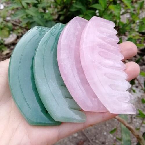 2PCS Free Shipping Natural Hand Polished Crystal Reiki Healing Green Aventurine Rose Gemstones And Clear Quartz Massage Combs