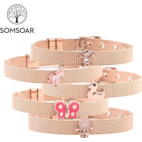 Somsoar Jewelry Rose Gold DIY Slide Charms Stainless Steel Mesh Bracelet Bangles for Valentines Day Gift
