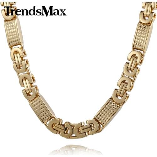 Trendsmax ANY Length 8mm Gold-color Flat Byzantine Link Stainless Steel Necklace Mens Chain Bracelet KN275 KB403