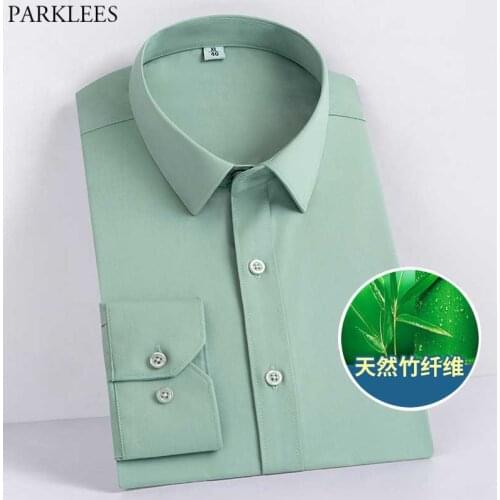 Green Mens Bamboo Fiber Dress Shirts 2021 Spring New Slim Fit Long Sleeve Shirt Men Formal Business Wedding Chemise Homme