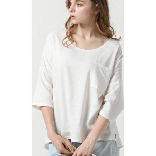 Stylish Women Nine Points Sleeve Blouse Spring Solid Color Cotton Linen Tops 2021 Female O Neck Loose Casual Shirt