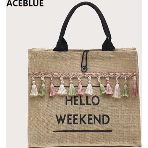 Women Summer Beach Bags Handbags Large Capacity Lady Tassel Shoulder Bag Big Letter Linen Totes Casual Girls Travel Shopping Bag