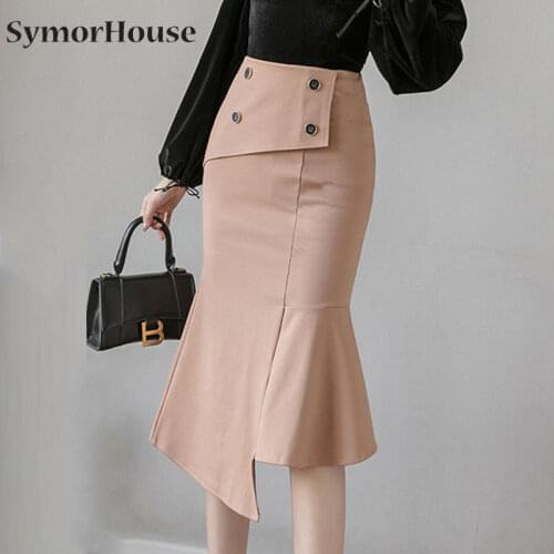 Elegant Midi Women Skirts Plus Size High Waist 2021 Fashion Mermaid Skirt Breasted Black Apricot Elastic OL Skirts Womens