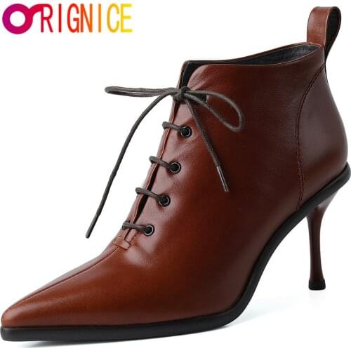 Orignice Fashion Thin High Heel Lace Up Ankle Boots Women Hot 2021 Sexy Pointed Toe Cow Leather Black Brown Party Dress Shoes