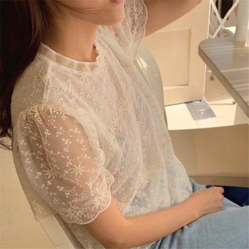 Summer Lace Tops Women Stand Collar Short Sleeve Fashion Shirts Flower Temperament Tee Slightly Transparent Elegant Blusas 14400
