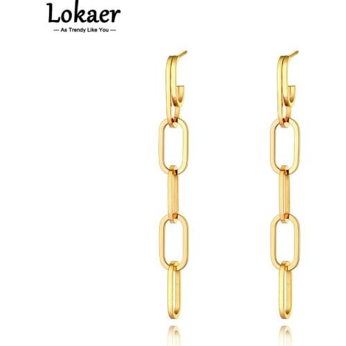 Lokaer Fashion Titanium Stainless Steel Geometry Thick Chain Earrings Bohemia CZ Crystal Party Jewelry For Women серьги E21111