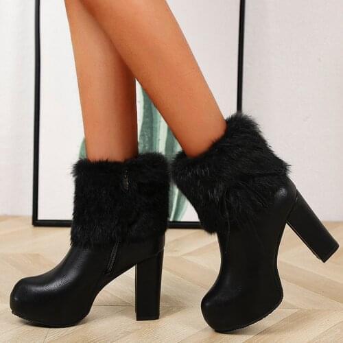 Women Pumps Boots Shoes Winter Fashion PU Leather Breathable Chunky High Heels Zipper Retro Short Boots High Quality #40