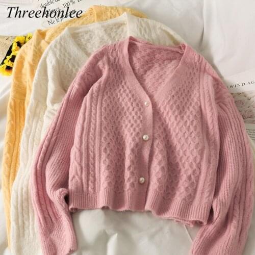 Women Sweater 2021 Spring Korean Sweet V-neck Full Sleeve Single Breasted Solid Loose Female Casual Knitting Cardigan