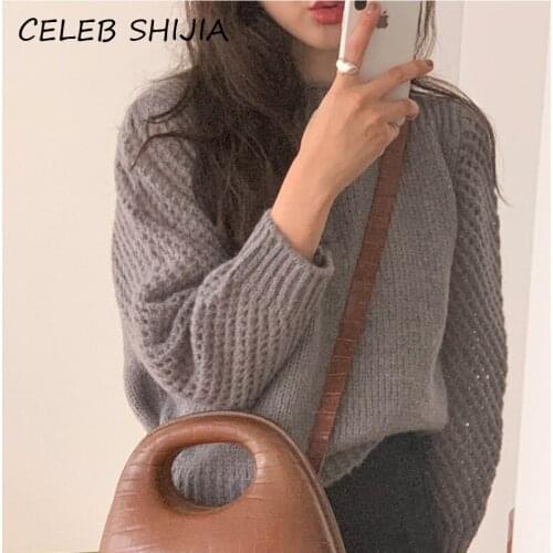 SHIJIA New Autumn Sweaters Woman Winter Full-Sleeve O-Neck Gray Solid Knitted Basic Tops Female Korean Fashion Knitwear 2021