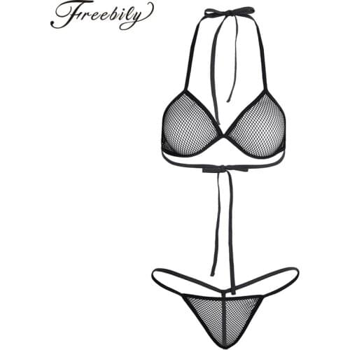 Women Lingerie Fishnet See-through Bikini Bra Top with Matching G-string Set Underwear Babydoll Sleepwear Nightwear