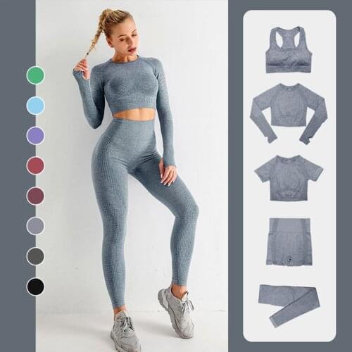 5PCS Women Yoga Set High-waisted Seamless Fitness Leggings Sport Suit Casual Workout Clothes for Women Laying Sports Gym Sets