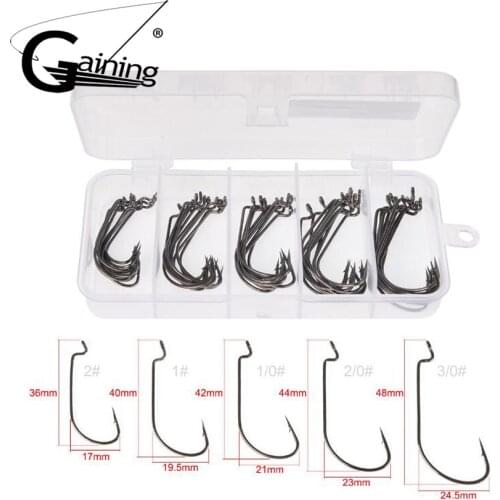 50pcs/Box Fishing Hooks 5 Sizes Fishing Worm Hook Kit Nickle High Carbon Steel Saltwater Offset Shank Worm Fishing Hook with Box