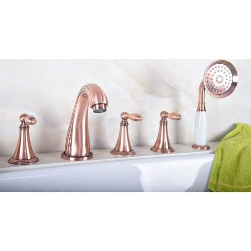 Antique Red Copper Five Hole Deck Mount Bathroom Tub Faucet Set with Handheld Shower Spray Head Mixer Tap Dtf197