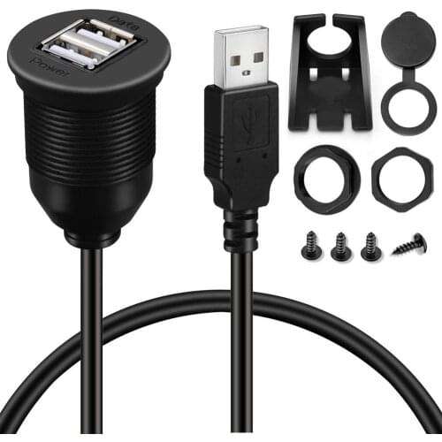 Dual 2 USB Female Car Mount Flush Cable 1 Data Port & 1 Power Port Car Waterproof USB Cable - 3ft