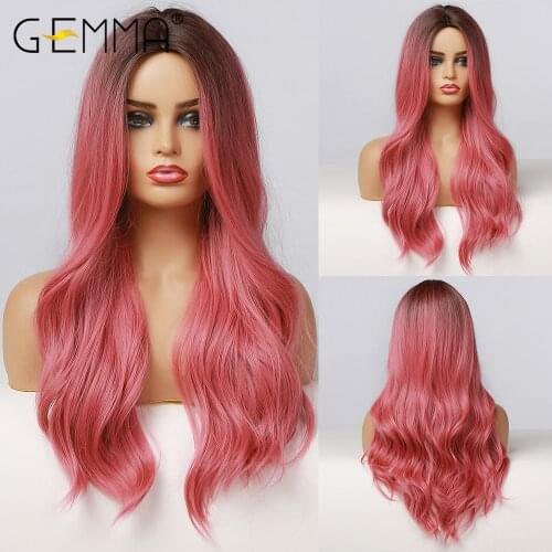 GEMMA Ombre Ombre Black Rose Red Pink Color Natural Wave Long Hair Wig for Black Women Middle Part Heat Resistant Synthetic Wigs