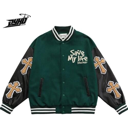Varsity Jacket Men Furry Cross Jesus Embroidery Patchwork Fashion College Jackets 2021 Winter Streetwear Baseball Coats Unisex