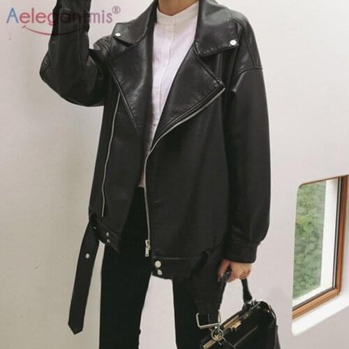 Aelegantmis Oversize PU Leather Jacket Women with Belt Fashion Black Biker Faux Leather Jackets High Street Chic Causal Clothing