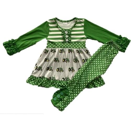 Hot Sale Unique Children Farm Truck Outfits Top Dots Green Carpi Pants Little Girls Clothing Sets 08