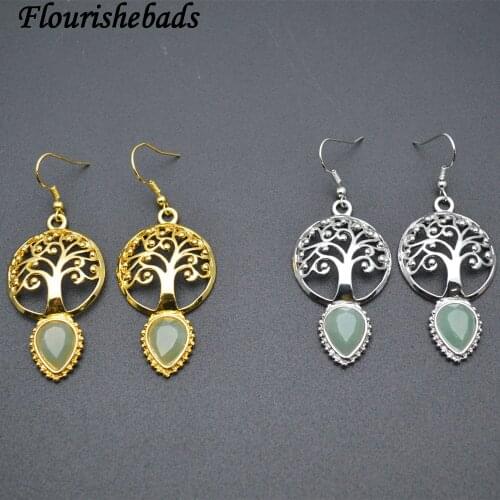 Metal Life Tree Charm Natural Green Aventurine Jade Drop Beads Dangle Earrings Party Energy Crystal Healing Jewelry Gift