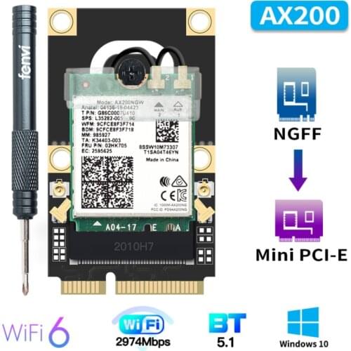 Mini PCI-E Wi-Fi 6 Adapter Wireless 2974Mbps Bluetooth 5.0 Intel AX200 Wifi Card AX200NGW 802.11ax/ac 160Mhz 2.4G/5G Windows10