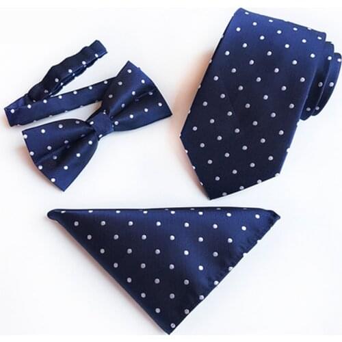 GUSLESON Fashion Dot Stripe 8cm Silk Necktie & Pocket Square & Bow for Mens Suit Wedding Floral Business Formal Tie Set