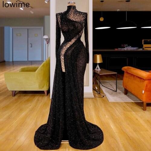 Muslim Black Sequin Formal Evening Dress Long Mermaid Sexy Turkish Crystal Prom Dress Dubai Couture Women Party Gowns Vestidos