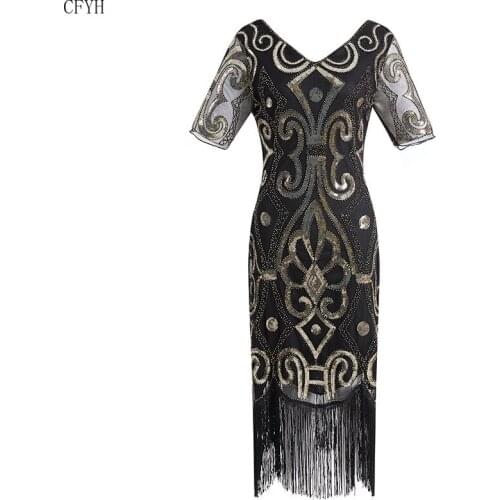 Women Party Dress Robe Femme 1920s Great Gatsby Flapper Sequin Fringe Midi Dress Vestido Spring Summer Art Deco Retro Dress