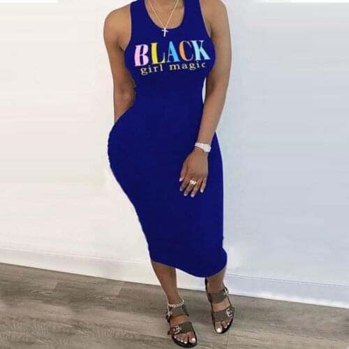 Plus Size Women Fashion Black-Girl-Magic Print Sleeveless Mid-Calf Dress New Summer Multicolor Sexy Maxi Dresses Sale Shipping