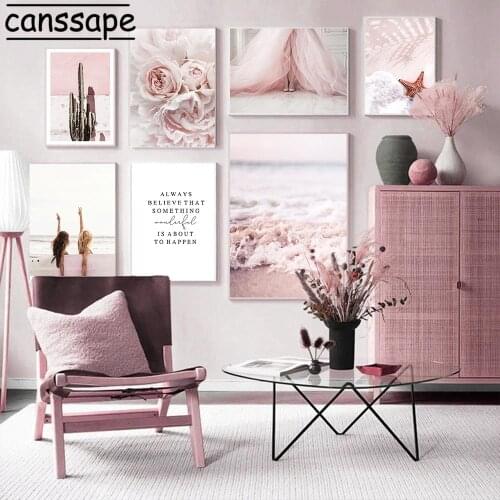 Flowers Print Beach Waves Poster Pink Romantic Wall Art Canvas Painting Scandinavian Posters And Prints Living Room Decoration