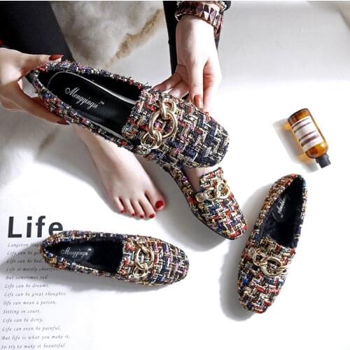 Colorful sequined cloth flat shoes woman metal chain decoration flats multi-color glitter mules flats plush loafers big sizey473