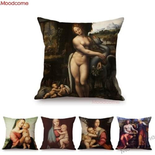 Renaissance Raffaello Saint Virgin Mary Madonna Oil Painting Art Sofa Throw Pillow Case Da Vinci Goose Linen Chair Cushion Cover